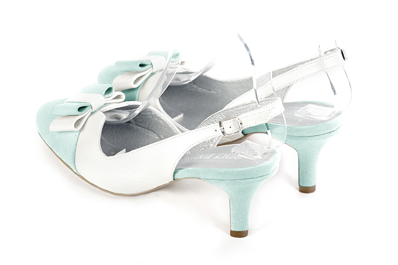 Aquamarine blue and pure white women's open back shoes, with a knot. Round toe. Medium slim heel. Rear view - Florence KOOIJMAN